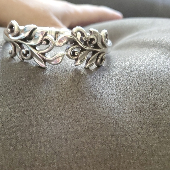 Brighton Silver-Tone Hinged Cuff Bracelet | Scrolled Leaves Design - Picture 2 of 4